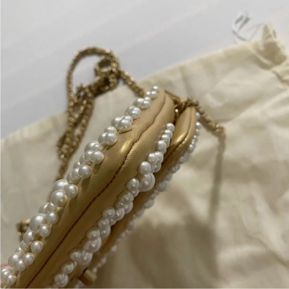Authentic Rare Chanel Gold Pearl-Studded Flap Hand Bag